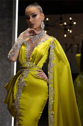 Gold Yellow High Neck Ruffles Long Sleeves Prom Dress with Crystal